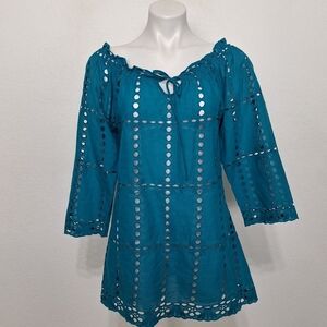 Cowboy Blue Coastal Cowgirl Gathered Tie Front Loop Eyelet Tunic Top Size M
